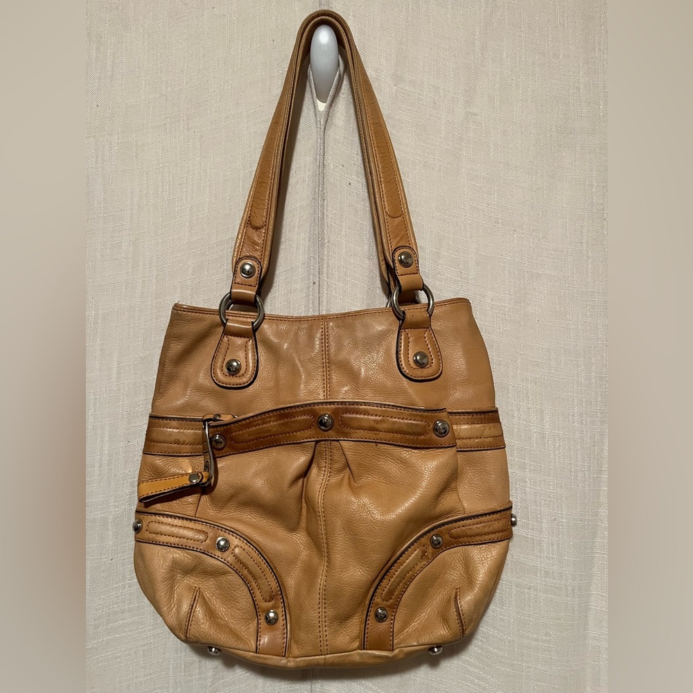 B. Makowsky Genuine Leather Tote Bag Tan Shoulder Purse Leopard Lining